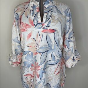 JM Collection Blouse Womens 16 Floral V Neck 3/4 Sleeve Linen Tunic Top